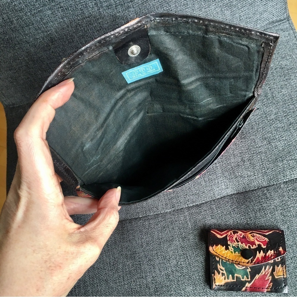 Colorful Elephant Wallet Clutch with Matching Coin Purse, Genuine Leather, Brown - Picture 5 of 17